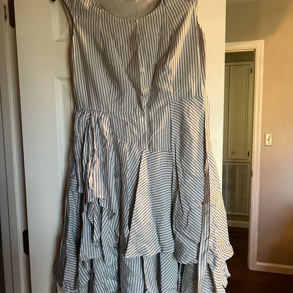 Calvin Klein Blue and White Striped Asymmetrical Ruffle Dress